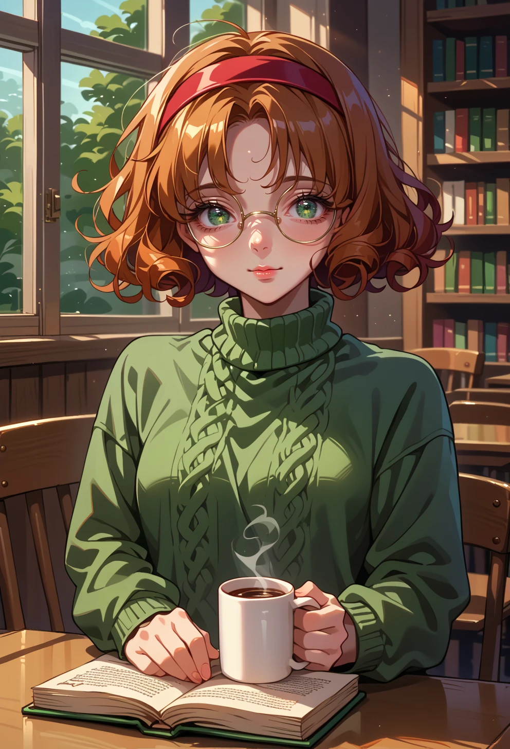 score_9, score_7_up, source_anime, solo, BREAK AEFuuDef, green eyes, curly hair, parted bangs, short hair, glasses, rimless eyewear, round eyewear, red hairband, green sweater, cable knit, library, reading, holding book, coffee mug, indoors, window, sitting, table, Sunlight, light rays, looking away, light smile, 
<lora:AEFuu-000009:0.8> aran sweater