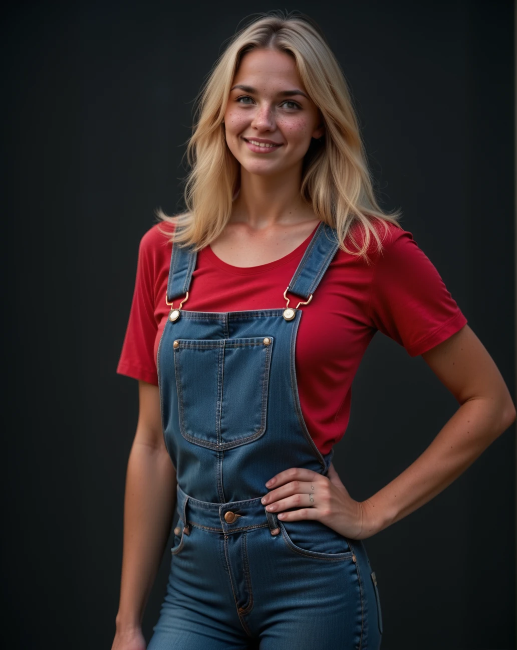 <lora:CountryGirlSally2:0.7>  CountryGirlSally, (score_9, score_8_up, score_7_up), simple black background, hand on hip, blue overalls, red shirt