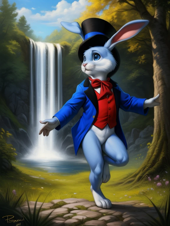 <lora:ArtfulDodgerBunYif:0.8>  ArtfulDodgerBun, bunny, (white sclera, Blue eyes, light blue fur, hat top hat, red shirt, blue jacket, blue scarf,)( chibi, small body,)
Looks at the viewer, [ solo, nature, forest, day, clouds, waterfall, nude, naced,]   ((dancing ))
beautiful, aesthetic, perfect, delicate, intricate, saturated colors, masterpiece, digital drawing, best quality,  
by Personalami, by Honovy, by Thebigslick, by Taran Fiddler