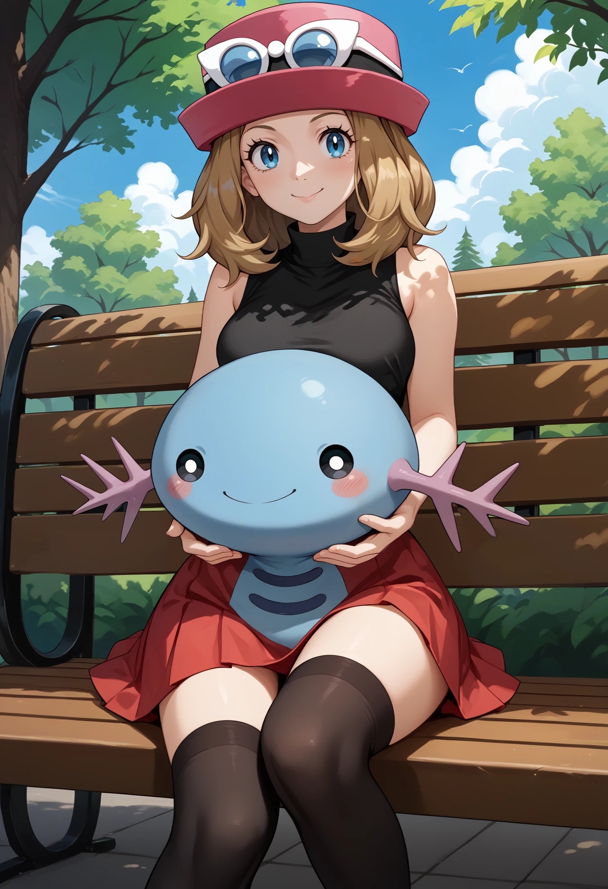 score_9, score_8_up, score_7_up, source_anime, 1girl, park, bench, sky, BREAK
sitting, looking at viewer, smile, serena \(pokemon\), blonde hair, blue eyes, hat, black shirt, sleeveless, pleated skirt, red skirt, medium breasts, holding animal, BREAK
smile, closed mouth, blush, <lora:WooperPKMN-pdxl:1> w00per, pokemon \(creature\), no humans, blue skin, black eyes, white pupils, BREAK
red skirt, black thighhighs