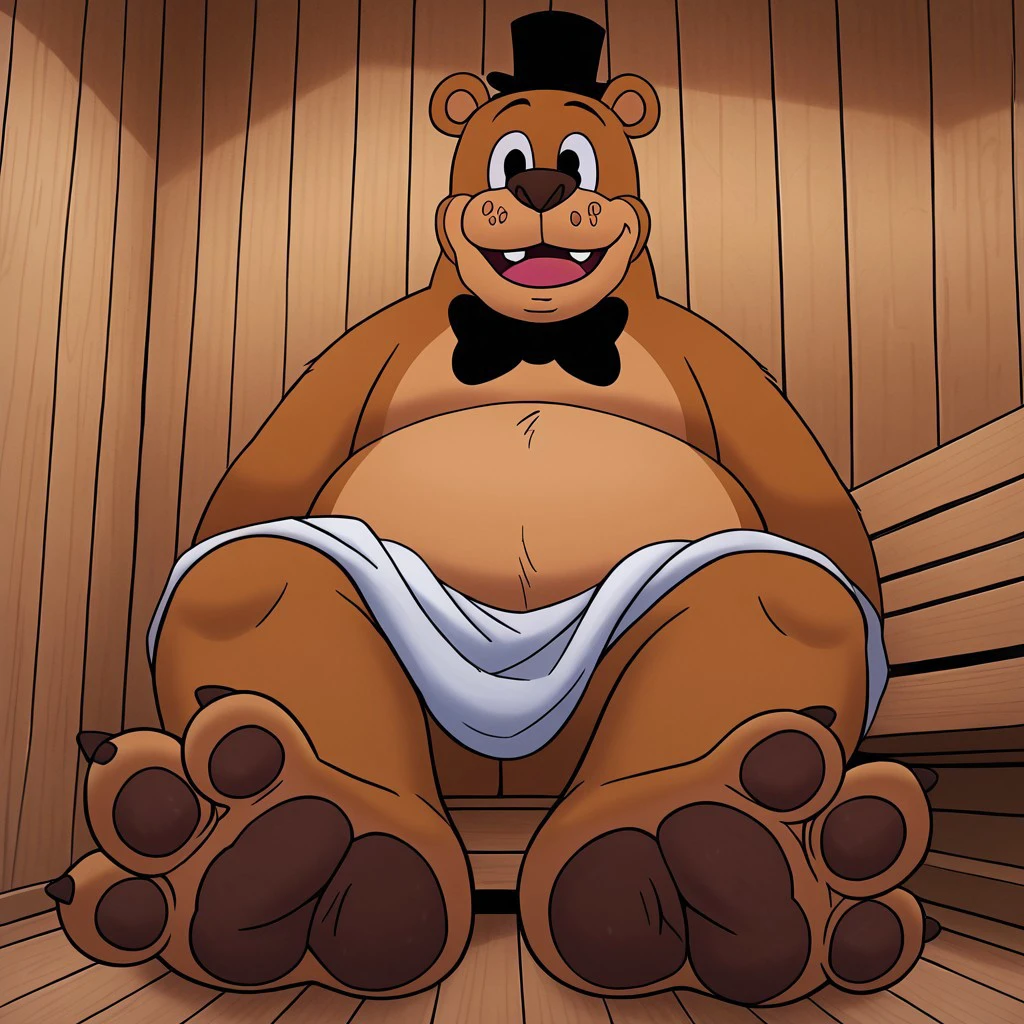 solo, anthropomorphic bear, cartoon style, fat man, big eyes, male, masculine, brown fur, two tone fur, black eyes, black top hat, big nose, two teeth, chubby, large belly, black bow tie, round ears on top of head, brown/tan-colored muzzle, 4 fingers on hands, 3 toes, eyebrows, 4k, perfect ilumination, detail ilumination, masterpiece, best quality, highly detailed, detail background, detail decoration, perfect lighting, cartoon style, 2d, overweight male, chubby, fat, moobs, thick thighs, wide hips, solo, topless, towel around waist, low angle, sitting, big feet, paw pads, feet up close, feet focus, sweaty feet, musky feet, feet up, foot fetish, lewd face, inside, sauna, steamy room