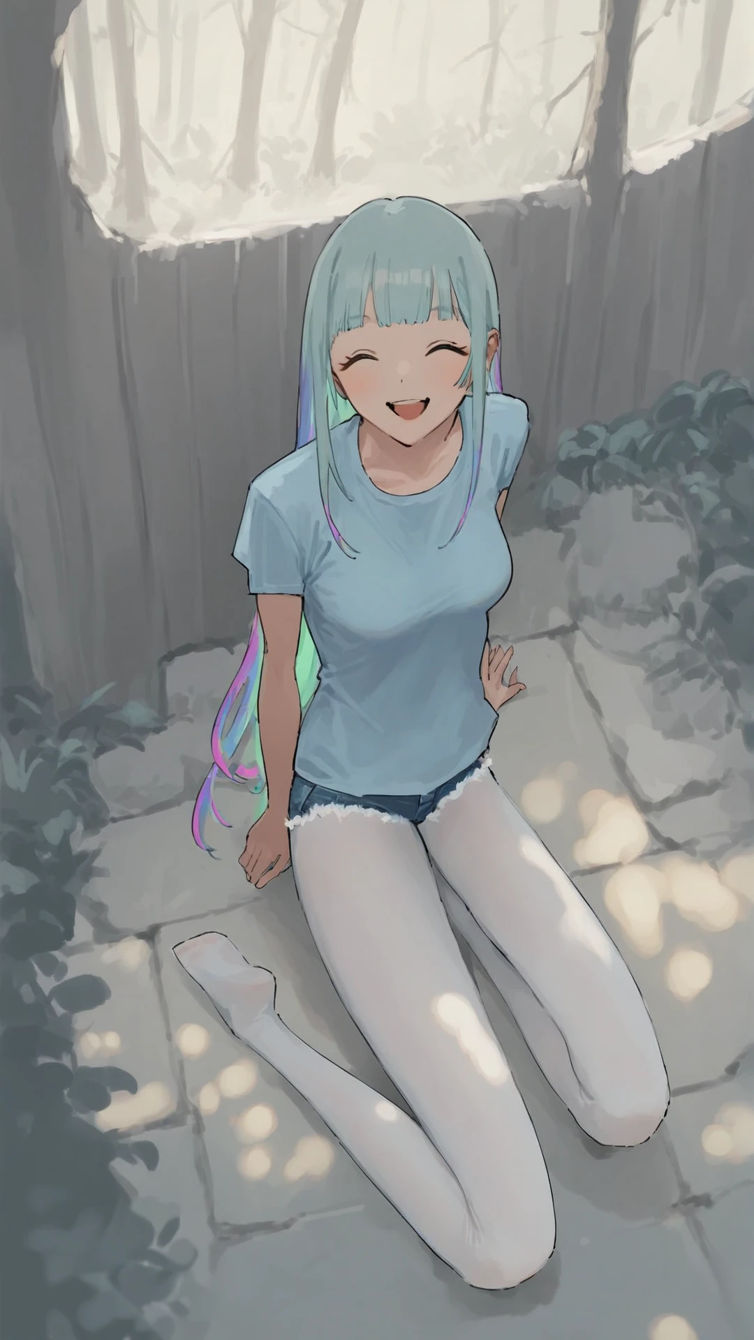 zPDXL3, score_9, score_8, score_7_up, source_anime, full body, perfect feet, 

 laugh, happy, euphoria
, 

 colorful hair ,

 very long hair ,

1girl, adult girl, slim, slender,  


very short denim shorts ,

 cute pink t-shirt ,

 
medium breasts, perky breasts ,

 white pantyhose ,


(very high angle, from above, from top):32, 

 
kneeling ,

 Bioluminescent forest, pulsating plant life, dark underbrush, soft blue light , (cozy lighting, warm lighting):7, 