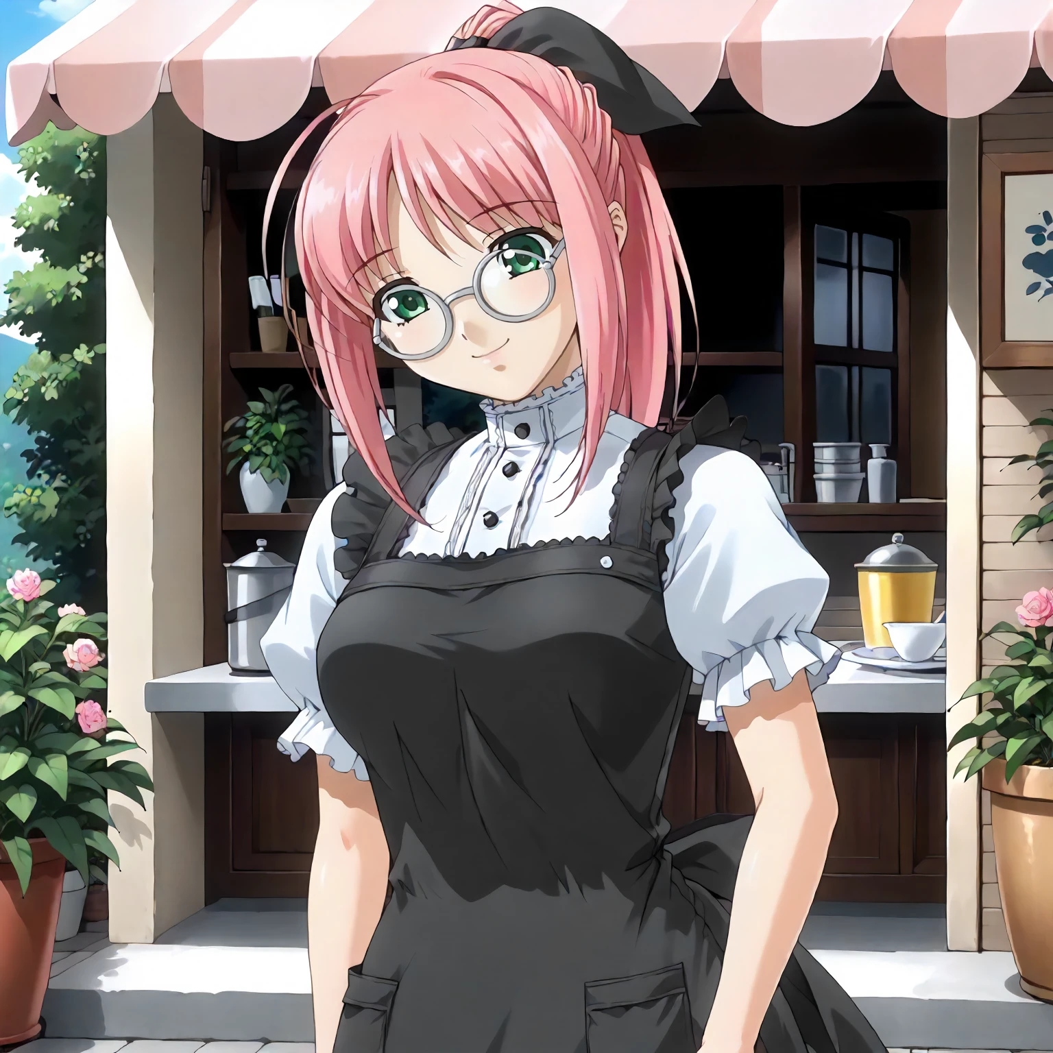 <lora:AtB_LurisHanamaruXLpony001>,
outdoors,
smile,
solo,
LurisHanamaru,1girl,pink hair,ponytail,hairbow,green eyes,eyewear,
apron dress,black apron,short_sleeves,
standing,