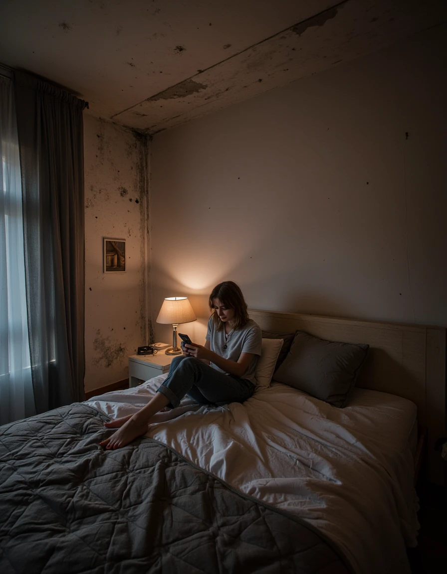 A cozy bedroom with soft lighting, a person sitting on the bed scrolling through their phone before sleeping., <lora:urban_decay_v10_rank64_bf16-step02016:1>, urban_decay_rooms