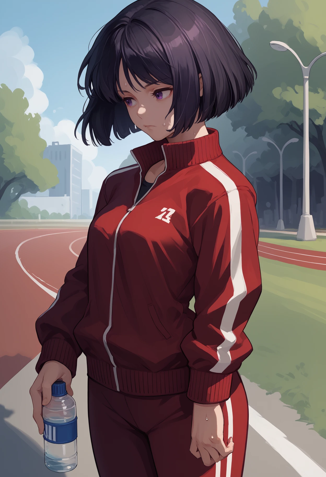 score_9, score_8_up, score_7_up, source_anime, <break> solo, 1girl, sail0rs4turn, sweat, expressionless, looking away, standing, holding water bottle, short hair, black hair, bob cut, purple eyes, track suit, red jacket, track jacket, red pants, outdoors, park
<segment:yolo-face_yolov8m.pt,0.4,0.5//cid=1>