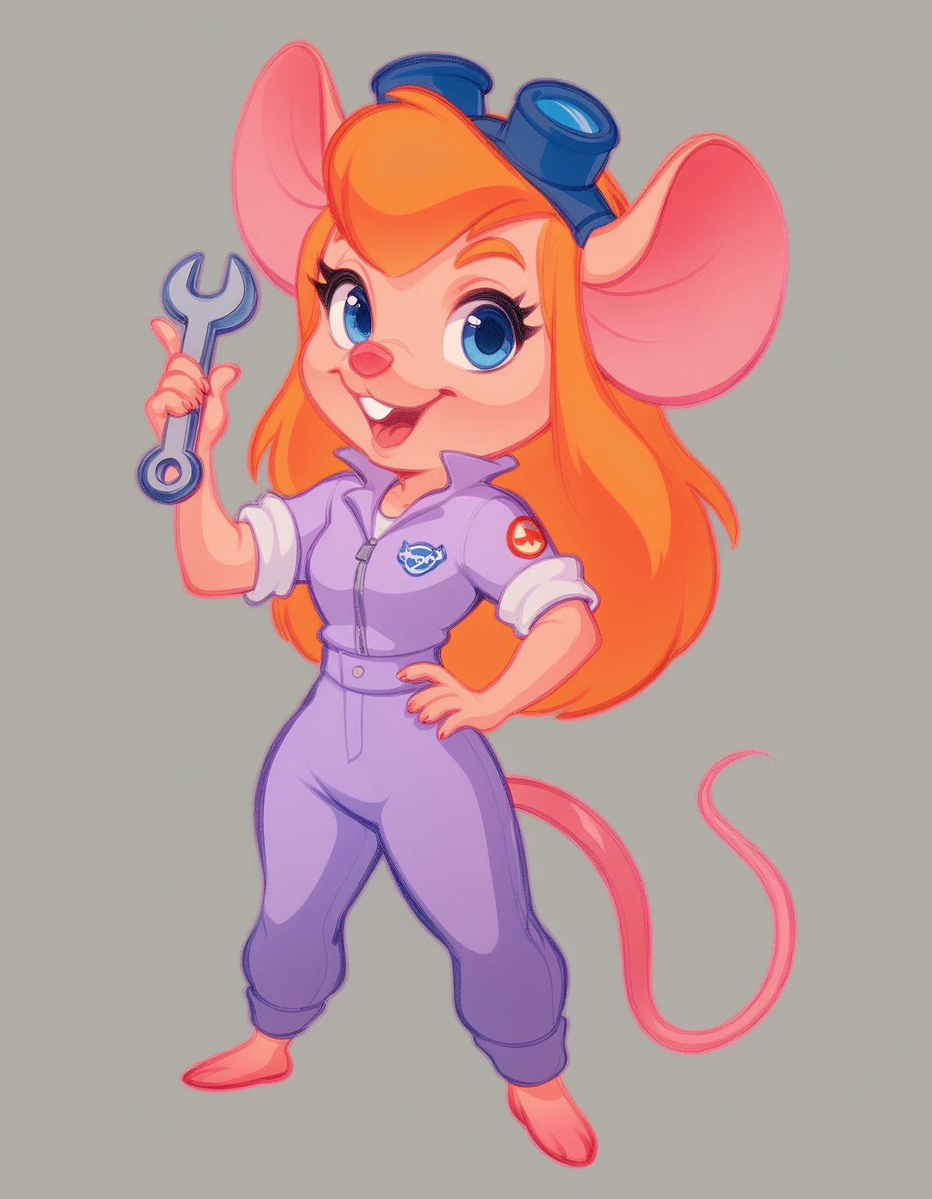 score_9, score_8_up, score_7_up, score_6_up, score_5_up, score_4_up, anthro, chibi
Gadget, pink skin, orange long hair, purple jumpsuit, blue eyes, mouse tail, short sleeves, pink tail, aviation goggles on head, holding a wrench
<lora:Gadget_XL:0.9>