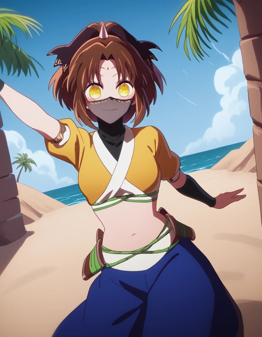 score_9, score_8_up, score_7_up, source_anime, <lora:tokyo-blade-tsurugi-s2-ponyxl-lora-nochekaiser:1>, tsurugi, brown hair, yellow eyes, ponytail, parted bangs, short hair, hair ribbon, medium breasts,, <lora:arabian-clothes-ponyxl-lora-nochekaiser:1>, arabian clothes, dancer, mouth veil, belly dancing, veil, armlet,, desert, oasis, palm tree, water, dancing, smile, blush,, , cowboy shot, dutch angle,