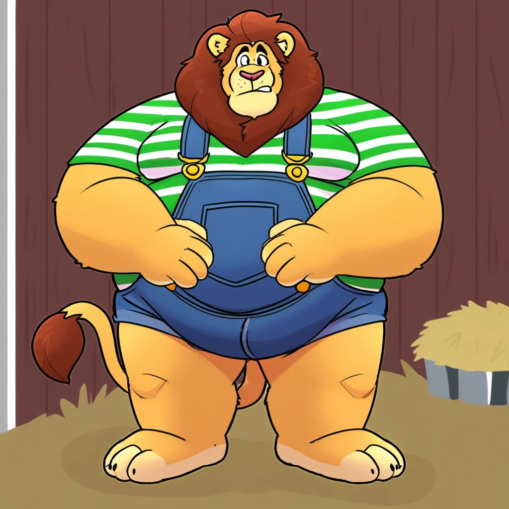 Lion, male, long and blond mane, blond beard, green eyes, very big and round fat belly, obese, chest harness, tight and fitting jockstrap, sexy gaze, alone, standing, garden terrace, high-quality 4k resolution, ultra-detailed, realistic:1.37, oil painting, vivid colors, warm color tone, soft and warm lighting.