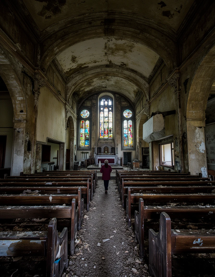 A church sanctuary with a high ceiling, stained glass windows casting colored light, and a lone person praying at the altar., <lora:urban_decay_v10_rank64_bf16-step02016:1>, urban_decay_rooms