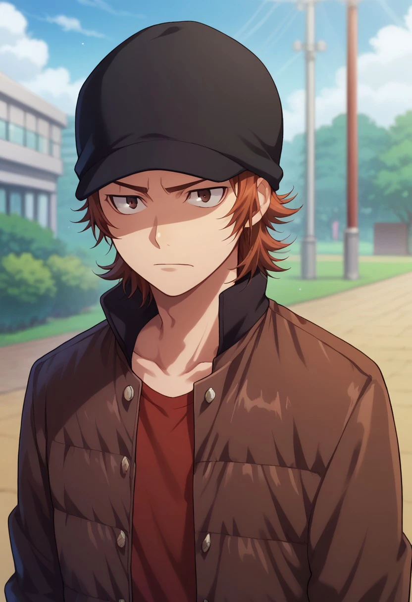 score_9, score_8_up, score_7_up, source_anime, highly detailed, 

misaki, 1boy, male focus, solo, red hair, brown eyes, hat, beanie, shirt, red shirt, jacket, long sleeves,

outdoor, 