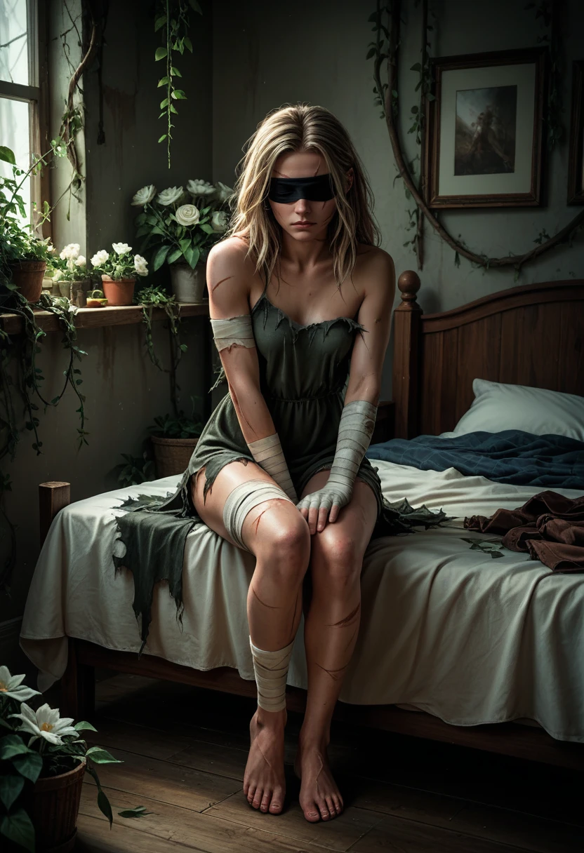 score_9, score_8_up., score_7_up, score_6_up, source_anime, absurdres, 
indoors, overgrowned, bedroom, flowers, white flowers, vines, 1girl, wide shot, blindfold, small breasts, bandage arms, bandage legs, torn dress, sitting on bed, scars on face, scars on legs, volumetric lighting, dark, (realistic)