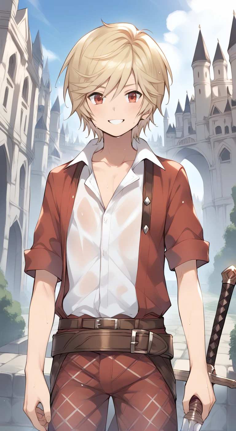 1boy,solo,male focus,arthur(granblue),blonde hair,red eyes,collared shirt,collarbone,smile,belt,pants,tartan pants,castle,outdoor,sword,holding sword,sweaty