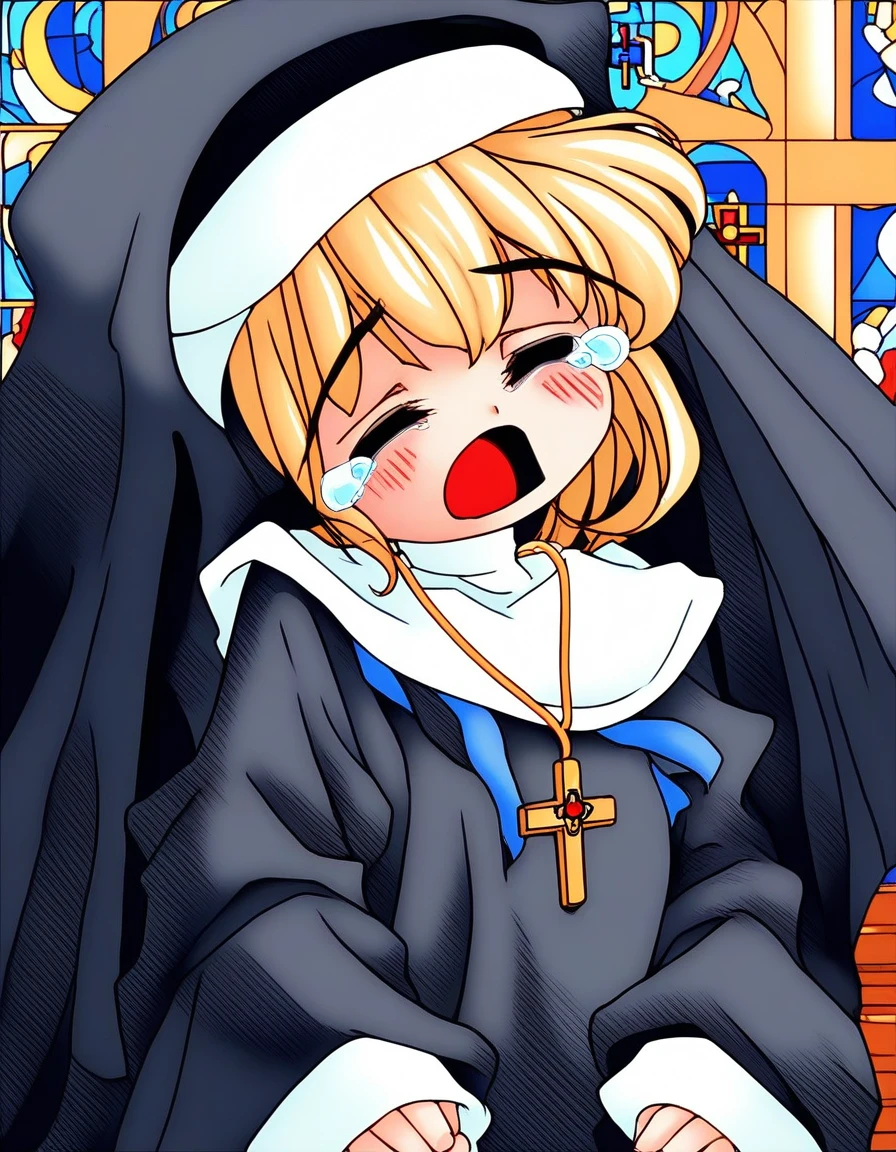 score_9, score_8_up, score_7_up, source_anime, rating_explicit, BREAK  <lora:Melodylibrary_Ver2.0_XL:1>Melodylibrary, nun, blonde hair, closed eyes, bangs, flat chest, short stack, tears,
1girl, solo, habit, blue ribbon, jewelry, cross necklace, necklace, long sleeves, open mouth,
church, stained glass,
sad, blush,
looking at viewer, 
cowboy_Shot,