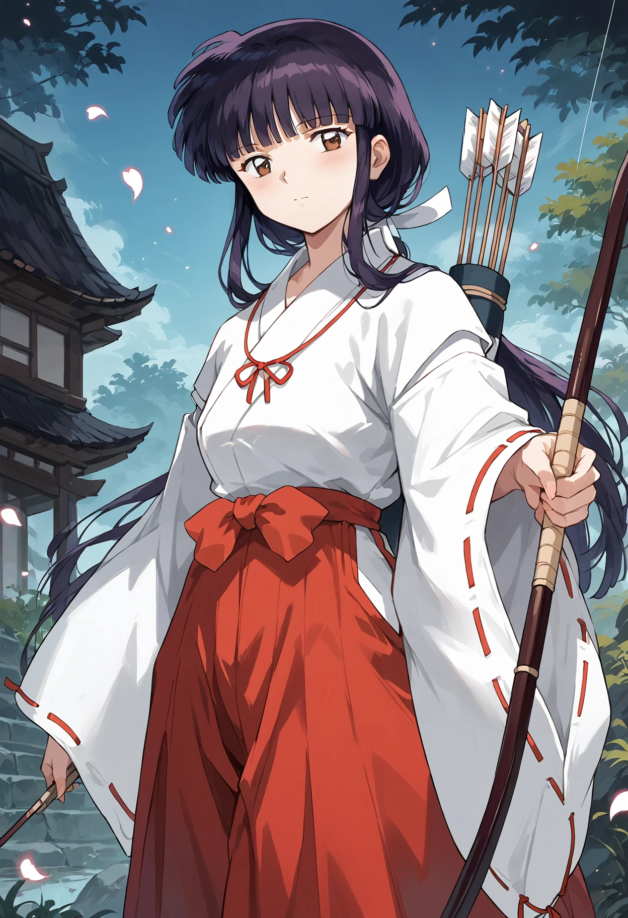 score_9, score_8_up, score_7_up, , score_ANIME, <lora:kikyo_inuyasha_pony:1>kikyoinu, 1girl,  bow \(weapon\), japanese clothes, miko, solo, long hair, black hair, holding bow \(weapon\), holding weapon, brown eyes, holding, , red hakama, arrow \(projectile\), wide sleeves, ,standing, looking at viewer, holding arrow, low ponytail, long sleeves, sidelocks, closed mouth, blunt bangs, hair ribbon,archery,  cowboy shot,