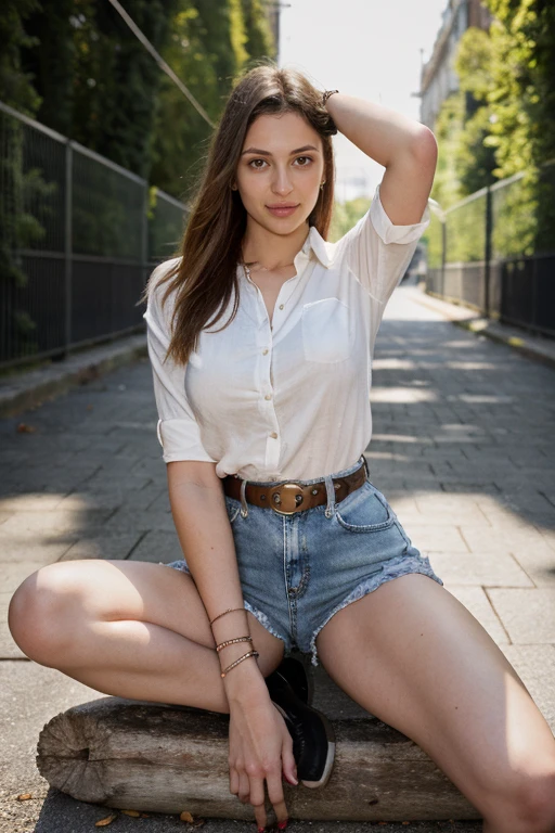 Fashion editorial style White linen blouse, high-waisted denim shorts, and brown leather sandals, accessorized with a woven belt and layered bracelets. a breathtaking glamour photo:1.3 of 1girl, solo, brown eyes, brown hair, long hair, looking at viewer, head tilt, upper body, realistic, bright background, <lora:ZlatoslavaSharvarok:1>, fill lighting, high contrast, shot on Fujifilm XT-4, Fujicolor pro film, high key lighting,  <lora:last_tushy_pose:1> tushy_pose,, detailed skin texture, (blush:0.5), (goosebumps:0.5), subsurface scattering . High fashion, trendy, stylish, editorial, magazine style, professional, highly detailed