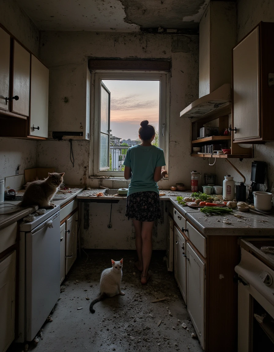 A kitchen at dusk with dinner half-prepared, someone chopping vegetables while a cat sits on the counter watching., <lora:urban_decay_v10_rank64_bf16-step02016:1>, urban_decay_rooms