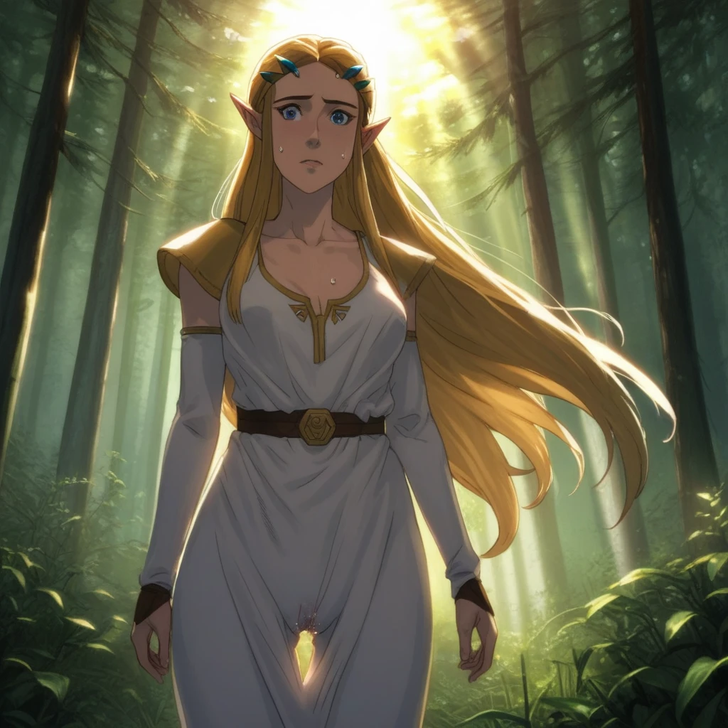 source_anime, source_cartoon, sunlight, sunlight filtering, score_9, score_8_up, score_8, 1girl, Princess Zelda, V0XM4CH1N4STYL3, 1woman, long hair, milf, (detailed face), (detailed skin), detailed eyes, curvy, perky breasts, light_Areolae, uncensored_pussy, shiny skin, sweat, forest