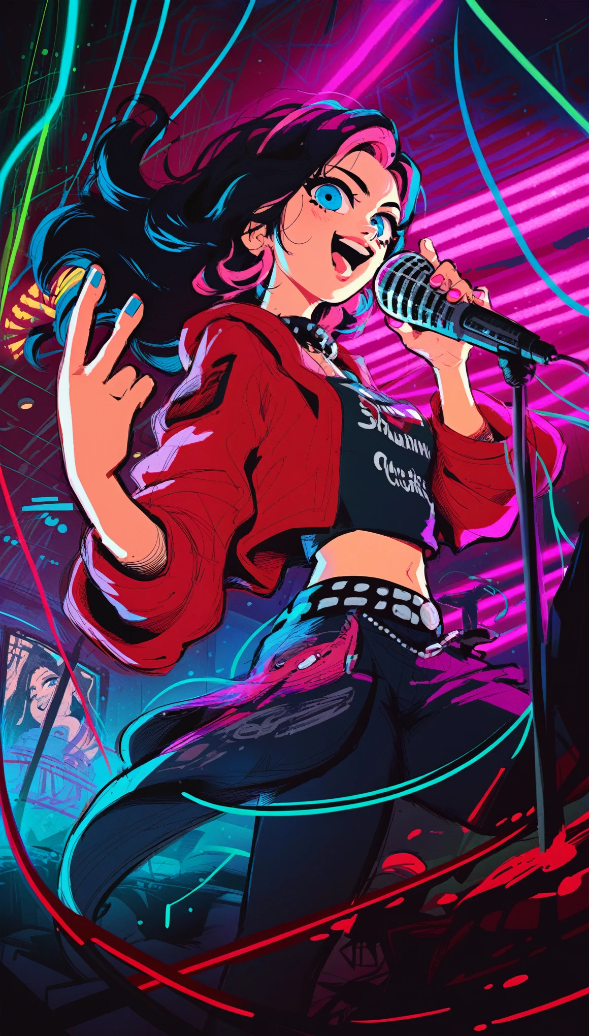 score_9, score_8_up, score_7_up, Singer, concert clothes, bts, neon lights, neon colors, girl standing on stage holding a microphone and singing, pink hair, bts clothes , portrait ,,, fringe, black hair, straight hair, long hair, blue eyes, light blue,manga panel, monochrome, sketch