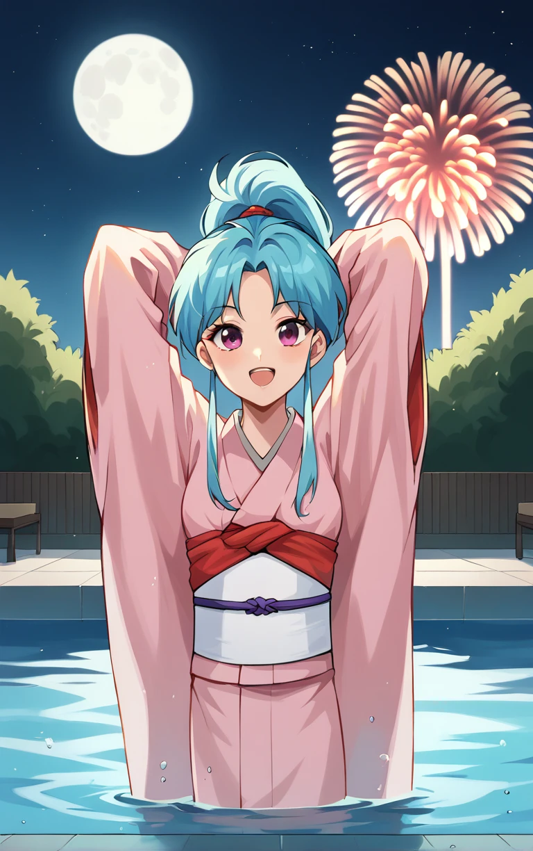 score_9, score_8_up, score_7_up, looking at viewer,  BREAK
MainOutfit_Botan_ownwaifu, 
1girl, aqua hair, blue hair, high ponytail, pink eyes, spiked hair, long hair, sidelocks, bangs, parted bangs, colored skin
pink kimono, sleeves past wrists, japanese clothes, obi, sash, long sleeves, tabi, wide sleeves, sleeves past fingers,
(contrapposto, arms behind head, aerial fireworks), wading, neon_lights, cityscape, night, pool, full moon, outdoors, <lora:PONYXL_YuYuHakusho_Botan_ownwaifu:0.9> , depth of field, solo,