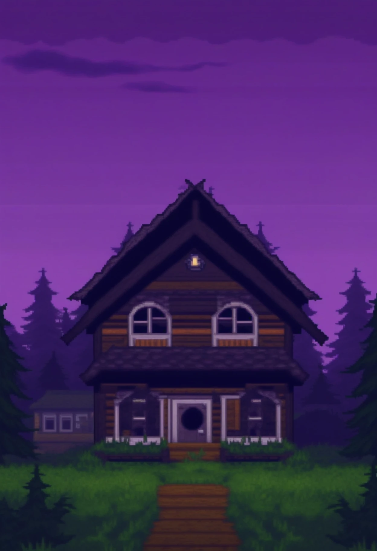 dkcstyle, pixel art, horror, scenery, house, trees, grass, haunted, night, dark, purple fog