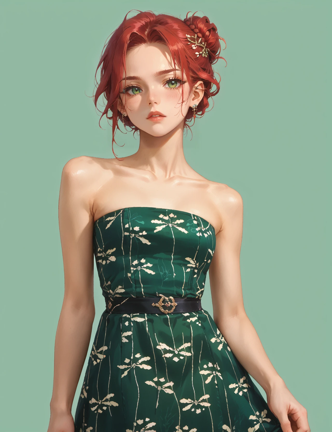 core_9, Score_8_up,Score_7_up, Score_6_up,Score_5_up, Score_4_up, Source_anime, Rating_safe, 1girl, red Hair, single bun, <lora:Chanel_Dragonfly_Dress_98:0.8> Green dress, white pattern, print, bare shoulders, strapless, pineup, sleeveless, simple background