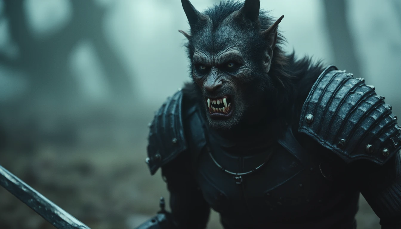 cinematic, werewolf, inricate armor, wrathful eyes, epic, absurdres, dark atmosphere, fog 