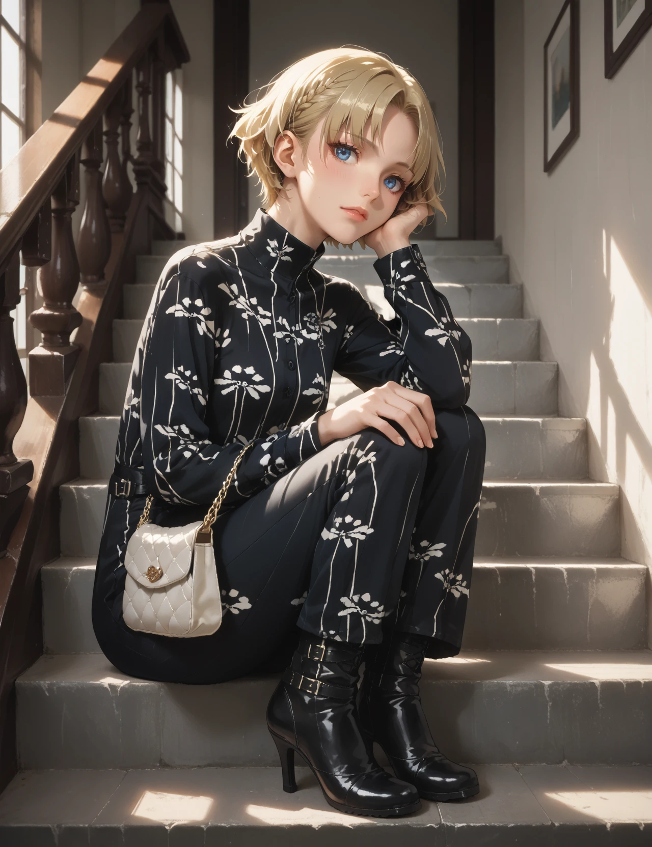 Score_9, Score_8_up,Score_7_up, Score_6_up,Score_5_up, Score_4_up, Source_anime, Rating_questionable, Persona_3 style, Shigenori_Soejima_Artwork, 1girl, blonde hair, short hair, Navy_blue eyes, sit in stairs, <lora:Chanel_Dragonfly_Dress_98:0.8> black dress, white pattern, print, boots, high heels, long sleeves, black pants, side view, handbag, holding