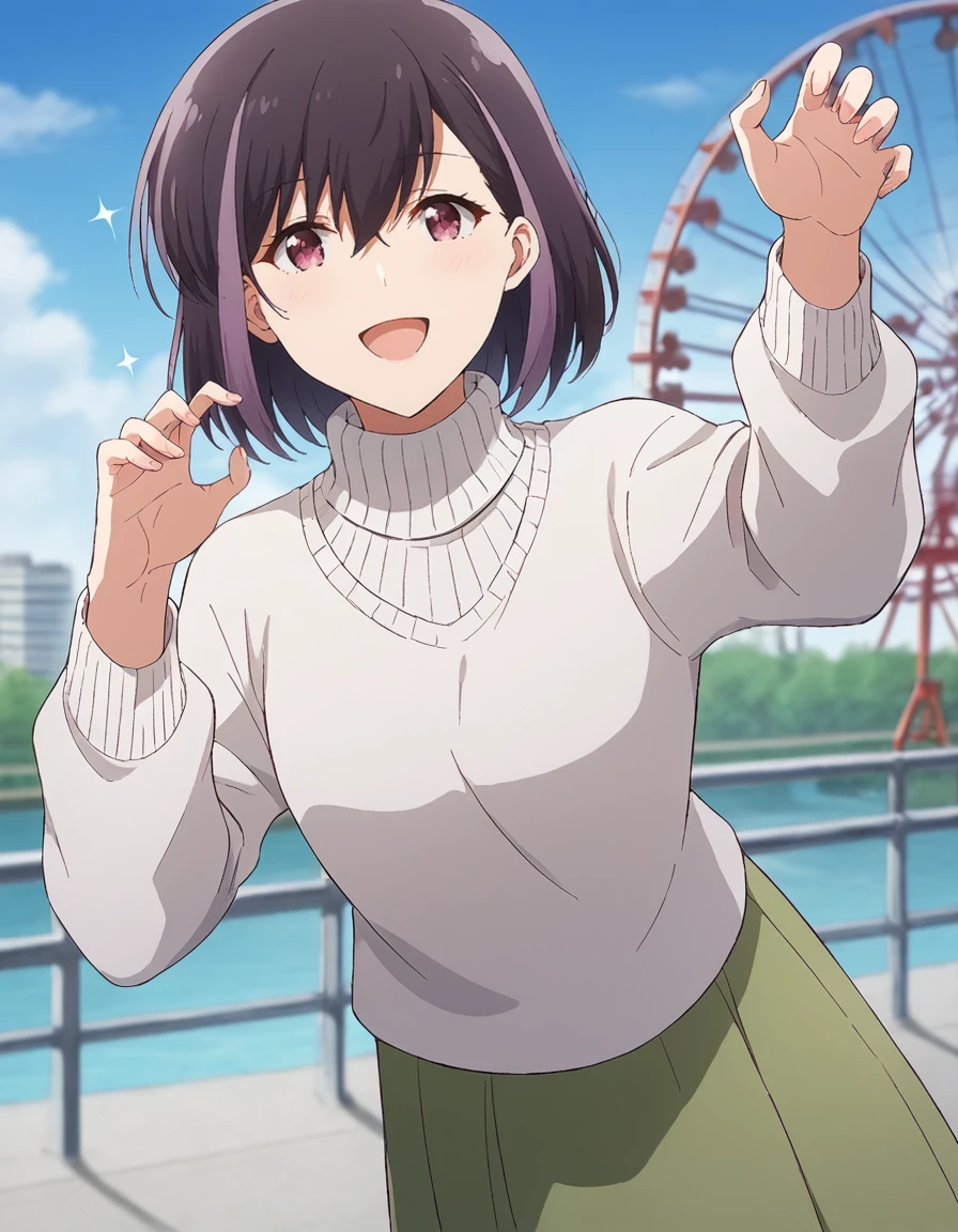 score_9, score_8_up, score_7_up, source_anime, BREAK
1girl, solo, looking at viewer, blurry background, outdoors, blue sky, amusement park, ferris wheel, roller coaster, sparkle, scenery, random pose, happy,
<lora:rika_honjouji_anime_v2-soralz:1>
rika honjouji, purple hair, black hair, multicolored hair, short hair, hair between eyes, purple eyes,
outing outfit 2, white sweater, turtleneck sweater, long sleeves, green long skirt, sneakers