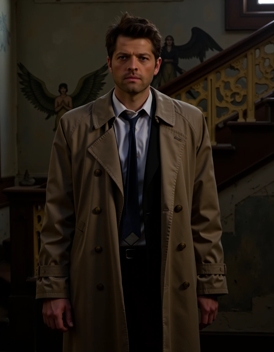 <lora:Castiel_Flux:1> slightly matte fabric. The man is wearing a dark tie, looking towards the left side of the image. The staircase has an ornate, neatly styled light brown hair, likely in a dimly lit room with natural light filtering through sheer, weathered wall with a mural of angel wings. The man is dressed in a beige trench coat over a white shirt and a dark tie, The image is a photograph featuring a man standing indoors, with a focused expression. The trench coat