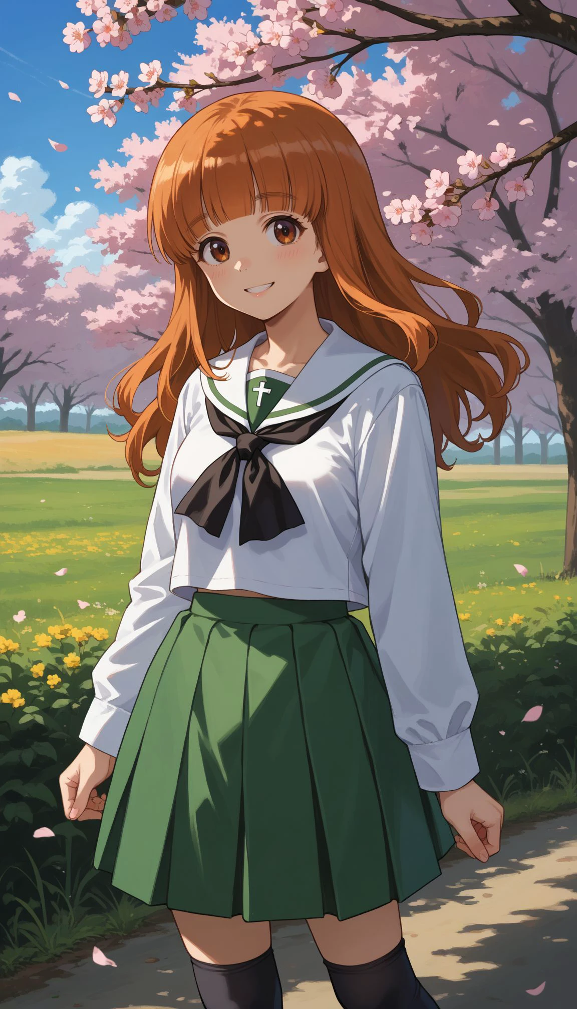 score_9, score_8_up, score_7_up, source_anime,
,outdoors,cherry blossoms,standing,cowboy shot,smile, flower field,
 <lora:Takebe Saori:1> takebe saori, blunt bangs, long hair, orange hair,  ooarai school uniform,white sailor collar,black neckerchief,white shirt,long sleeves,green skirt,black socks,loafers