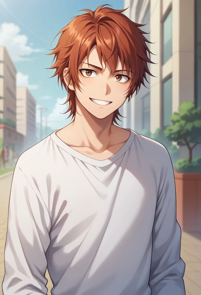 score_9, score_8_up, score_7_up, source_anime, highly detailed, 

misaki, 1boy, male focus, solo, red hair, brown eyes, shirt, white shirt, smile, grin, upper body,

outdoor, 