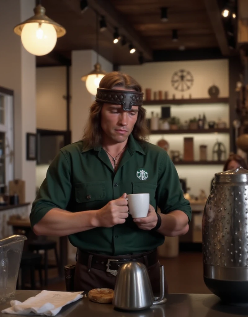 Conan is wearing a starbucks uniform and is working in a starbucks. He is serving coffee<lora:Conan:0.9>