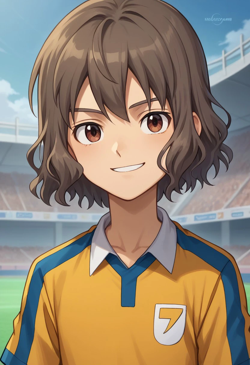 score_9, score_8_up, score_7_up, source_anime, highly detailed, 

takuma, 1boy, male focus, solo, grayish-brown hair, brown eyes, sportwear, soccer uniform, raimon soccer uniform, raimon, shirt, yellow shirt, short sleeves, smile

outdoor, 