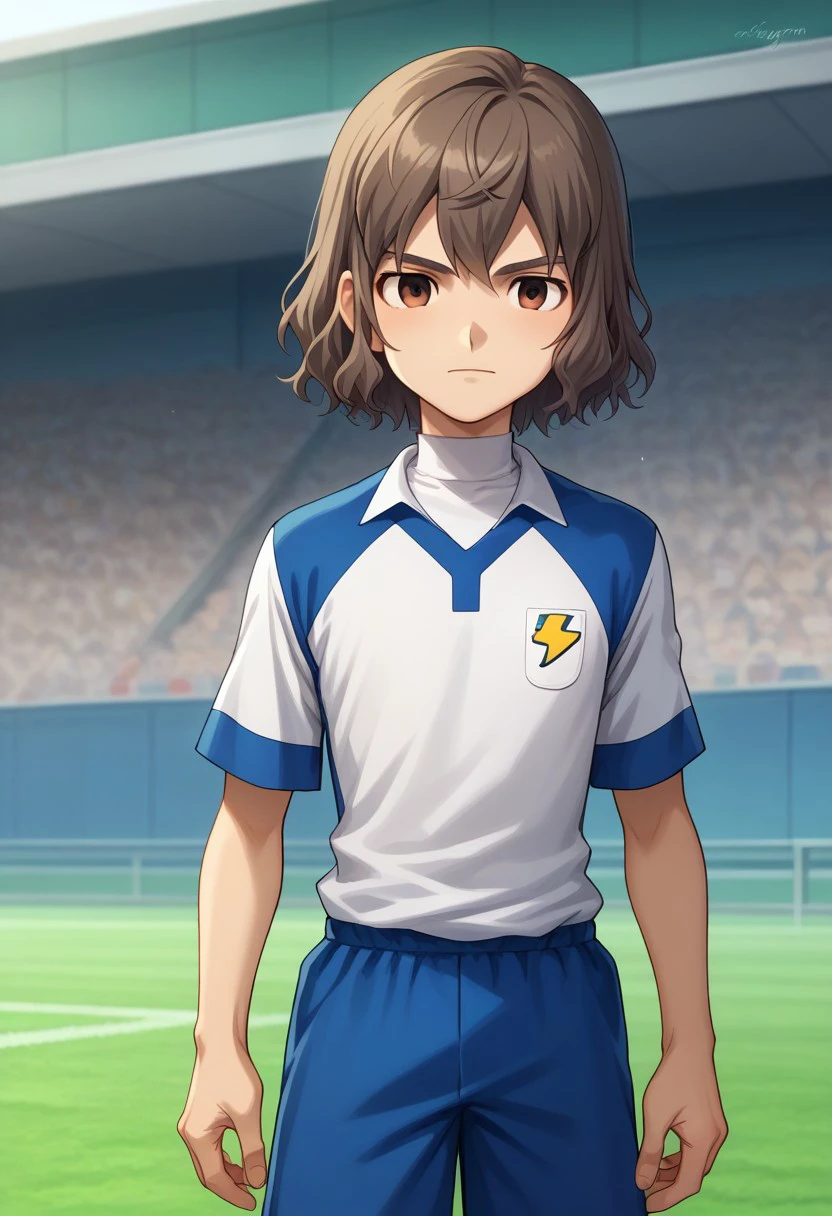 score_9, score_8_up, score_7_up, source_anime, highly detailed, 

takuma, 
1boy, male focus, solo, grayish-brown hair, brown eyes, sportwear, soccer uniform, galaxy soccer uniform, white shirt, blue shirt, turtleneck, shorts, blue shorts,

outdoor, 