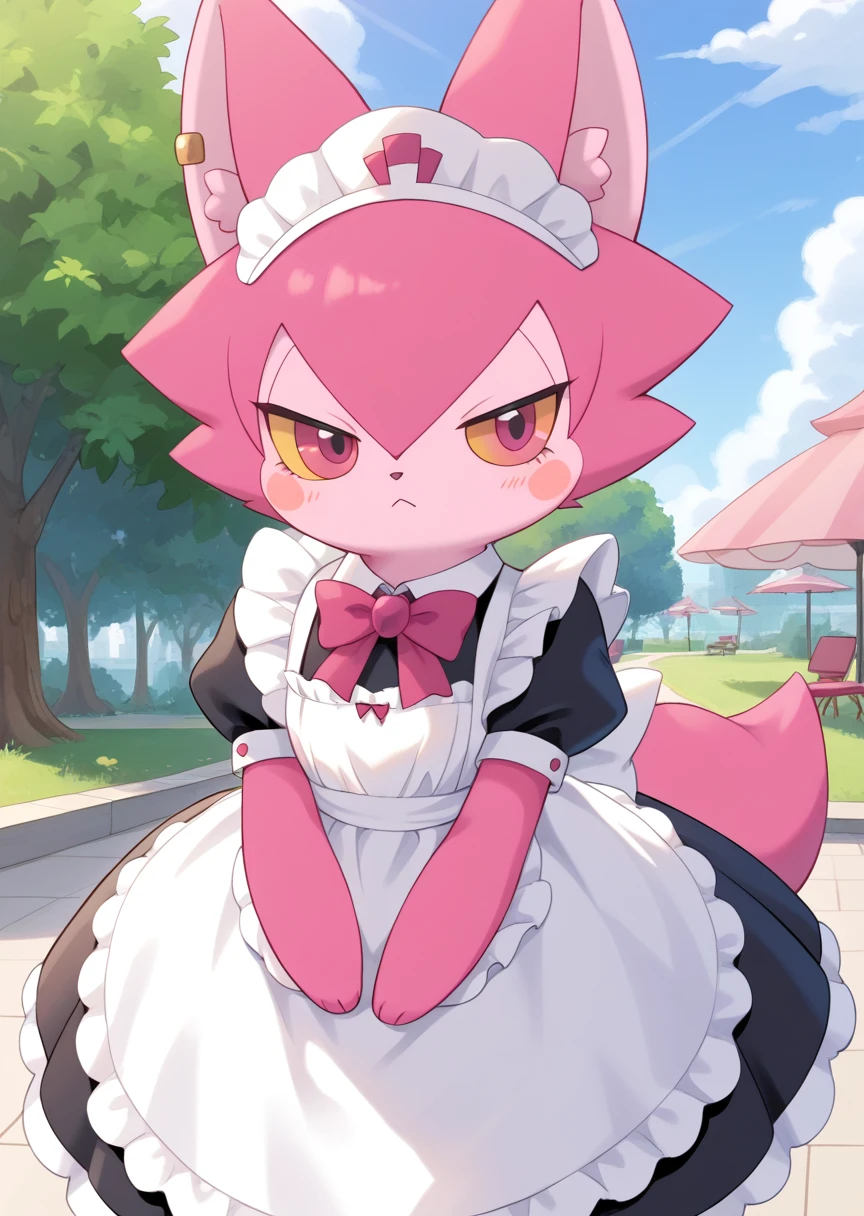 score_9, score_8_up, score_7_up, score_6_up, score_5_up, BREAK
Yurano, anthro, female, no humans, blush stickers, solo, animal ears, 1girl, closed mouth, furry, park, pink fur, colored sclera, yellow sclera, maid outfit, maid headdress, cafe