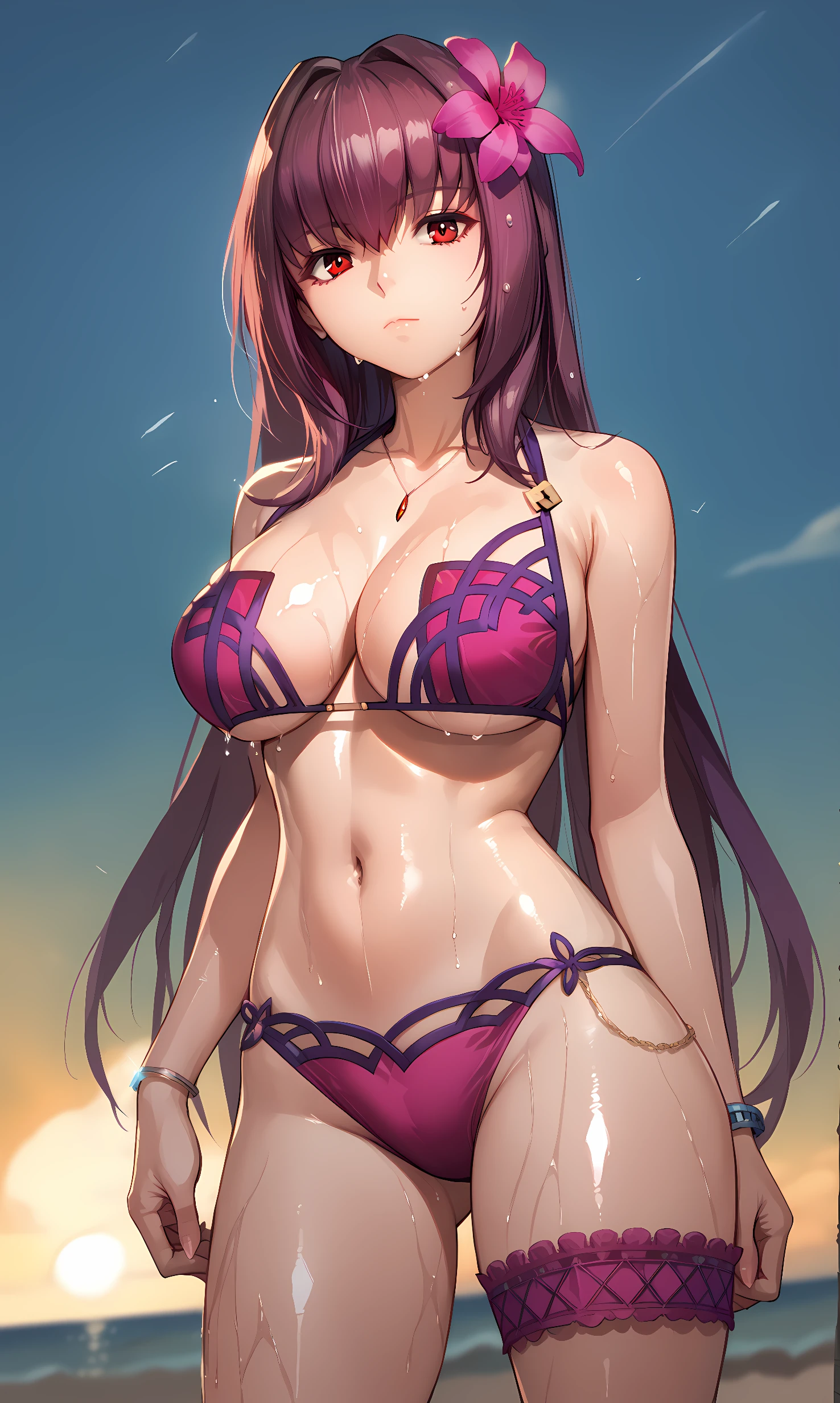 score_9, score_8_up, score_7_up, source_anime, 1girl, solo, outdoors, beach, cowboy shot, standing, looking at viewer, shiny skin, scathach, red eyes, purple hair, very long hair, hair flower, pink flower, swimsuit, purple bikini, bridal garter, bracelet, wet, closed mouth, close-up