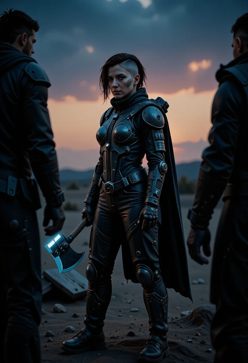 As the twilight's dim light casts an ethereal glow, a vikingpunk warrior stands proudly amidst the post-apocalyptic ruins, her advanced exosuit emitting bioluminescent electricity. Her undercut hair with shaved sides, framing her determined expression heterochromia eyes with one mechanical dimly lit eye and one natural eye, full of purpose. She wields a futuristic battleaxe, its edge shimmering with power, prepared for any trial. The desolate landscape, marked by rust and wear and heavy patina of her exosuit and weapon, becomes a stage for her resilience. The exosuit, covering her torso and legs, showcases a blend of ancient Viking culture and futuristic technology, leaving a lasting impression of strength and adaptability in this harsh, Nordic-inspired world.     <lora:flux/aidmaImageUpgrader-FLUX-V0.2>, aidmaimageupgrader,   <lora:Magic of Art 2 (FLUX)>, Cinematic style, Beauty, Realism, Photorealism, Chiaroscuro, High quality,   <lora:flux/mjv6_lora flux.safetensors_converted>, <lora:art and styles/Glowing_bioluminescent_world_for_Flux_-_by_Ethanar:0.25>, <lora:scifi/dvr-transformers-flux:0.6>,