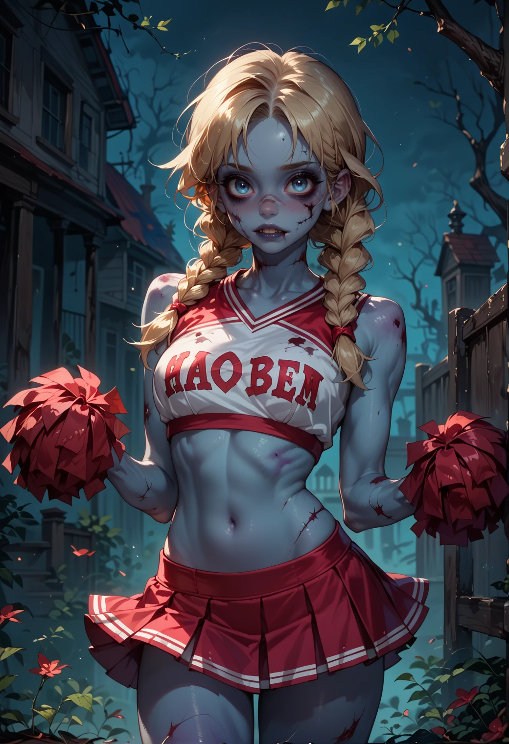 score_9, score_8_up, score_7_up, score_9, score_8_up, score_8, score_7_up, score_7, score_6_up, score_6, score_5_up, spooky, dark atmosphere, 1girl, zombie girl, solo, blush, blonde hair, blue eyes, navel, braid, perky breasts, twin braids, zombie cheerleader costume, tattered clothing, short skirt, sexy, haunting, haunted scene