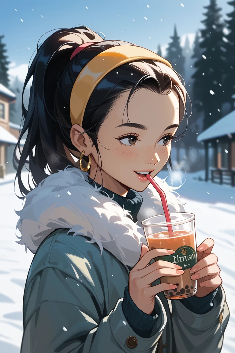 score_9, score_8_up, score_7_up, source_anime rating_explicit, day, natural lighting, snowing, snow, female focus, looking away, solo, drinking tea, holding, ElizabethCL, gold_Elizabeth_earrings, black_Elizabeth_female hair, black_Elizabeth_eyes, yellow_Elizabeth_hairband, ponytail, fur trim, winter clothes, breath, happy, 1girl, blurry outdoors beach, intricately detailed illustration, depth of field, atmospheric perspective, scenery