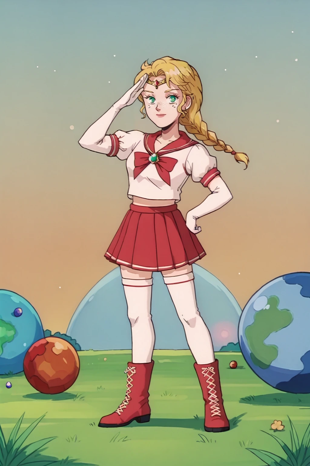 score_9, score_8_up, 1girl, solo, <lora:NSEmilyPortia:1> NSEmilyPortia, green eyes, blonde hair, single braid, long hair, stud earrings, freckles, pleated skirt, red skirt, salute, red sailor collar, red circlet, red glow, hand on hip, puffy sleeves, short sleeves, elbow gloves, looking at the viewer, standing, full body, outdoors, gems, jewelery, white thighboots, planet, galaxy, stars