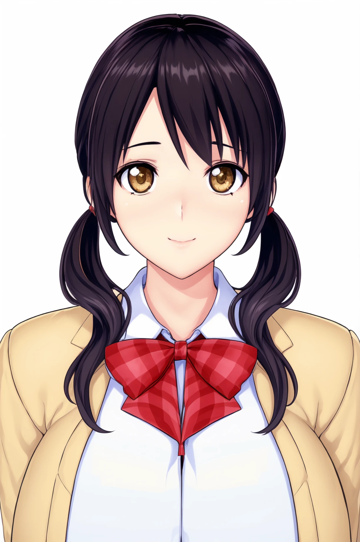 Simple Background,(White_Background:1.1),
dynamic pose,standing at attention,
pleated skirt, White shirt, long sleeves, Yellow cardigan, (Yellow_jacket:1.4),
<lora:Kouhai_ZLoli_KK77-KK77-V1:0.7>,Kouhai_ZLoli_KK77, Red bowtie, plaid bowtie,
brown eyes, black hair,bangs,Long hair, twintails,
<lora:more_details:0.1>,<lora:NovelAI_YesMix5_KKStyle-KK77-Yes5-V1:0.3>,<lora:Oda_Non_Style2-KK77-Yes5-V1:0.3>,
1 girl, 20yo,Young female,Beautiful long legs,Beautiful body,
Beautiful Nose,Beautiful character design, perfect eyes, perfect face,expressive eyes,perfect balance,
looking at viewer,(Focus on her face),closed mouth, (innocent_big_eyes:1.0),(Light_Smile:0.3),
official art,extremely detailed CG unity 8k wallpaper, perfect lighting,Colorful, Bright_Front_face_Lighting,White skin,
(masterpiece:1.0),(best_quality:1.0), ultra high res,4K,ultra-detailed,
photography, 8K, HDR, highres, absurdres:1.2, Kodak portra 400, film grain, blurry background, bokeh:1.2, lens flare, (vibrant_color:1.2),professional photograph,
(Beautiful,large_Breasts:1.4), (beautiful_face:1.5),(narrow_waist),