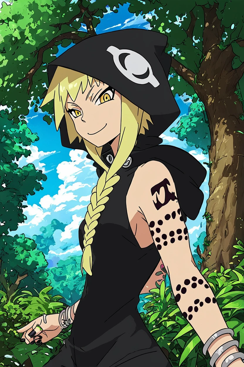 score_9, score_8_up, score_8, medium breasts, (curvy), cute, eyelashes,       BREAK, , zzMedusa, blonde hair, long hair, braid, yellow eyes, tattoo,  hood, jewelry, bracelet, sleeveless, nail polish, hoodie, braid, black nails,  <lora:Medusa_SoulEater_PDXL_v2:1.0>, BREAK, smile, looking at viewer, cowboy shot, ,,, outdoors, sky, day, cloud, tree, blue sky, sunny,  ,,, Expressiveh, ,,, <lora:Alola_Style_PDXL:0.8>, <lora:Expressive_H-000001:0.4>,