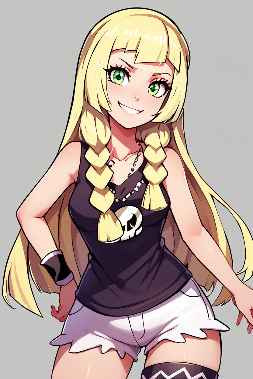 score_9, score_8_up, score_8, medium breasts, (curvy), cute, eyelashes,       BREAK, , zzSkullLillie, long hair, blonde hair, green eyes, smug, smirk, tank top, wristband, sleeveless, white shorts, shirt, jewelry, short shorts, thigh strap, skull necklace,  <lora:Skull_Lillie_PDXL:0.8>,  , BREAK, looking at viewer, ,,, smile, upper body, leaning forward, head tilt, ,,, embedding:zPDXL, Expressiveh, ,,, <lora:theButcherXPDXL:0.8>, <lora:CatalystStylePDXL:0.6>, <lora:SDXLFaeTastic2400:0.5>, <lora:Expressive_H-000001:0.4>,