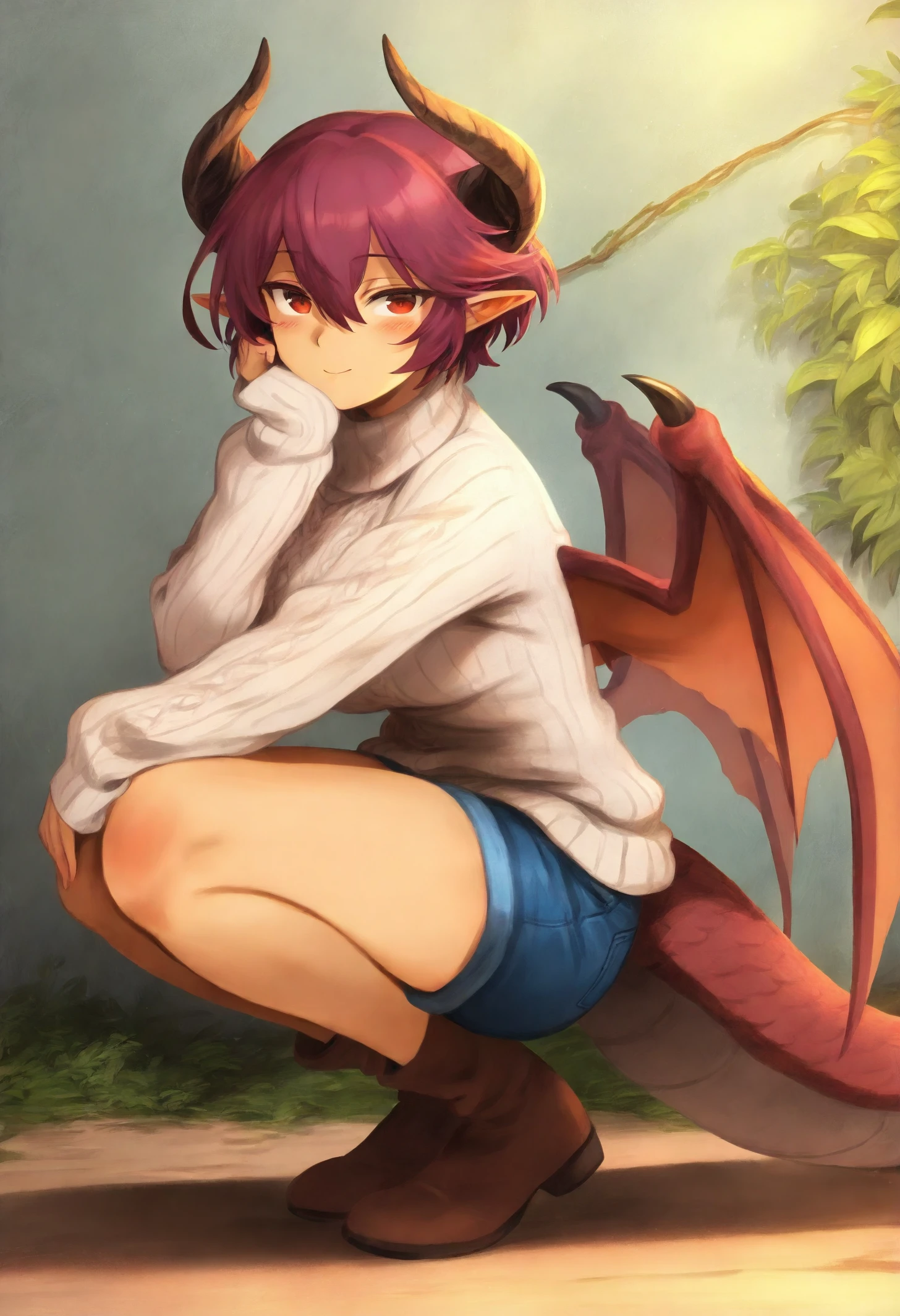 mashuu \(neko no oyashiro\), khyle., masterpiece, best quality, 1girl, grea, dragon tail, short hair, Squatting, hand on own knee, elbow rest, blank expression, denim shorts, sweater, thornwind vale, thorny vines, mystical creatures, verdant wilderness, sleeves past wrists, looking at viewer, <lora:Grea_v3_Illustrious_0-1:1>