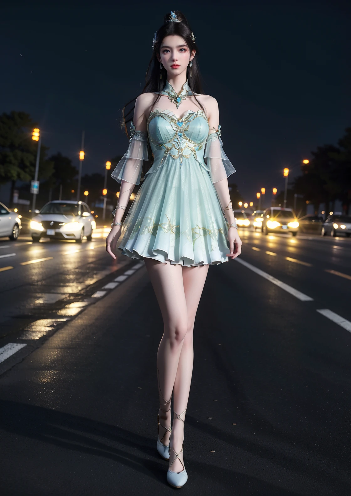 1girl,solo,long hair,ponytail,earrings,jewelry,hair ornament,dress,high heels,outdoors,((night)),road,city lights,neon trim,((full body)),((blurry)),depth of field,simple background,comic,Highly detailed,(ultra-detailed),(best quality,masterpiece:1.5),<lora:xuner:0.6>,