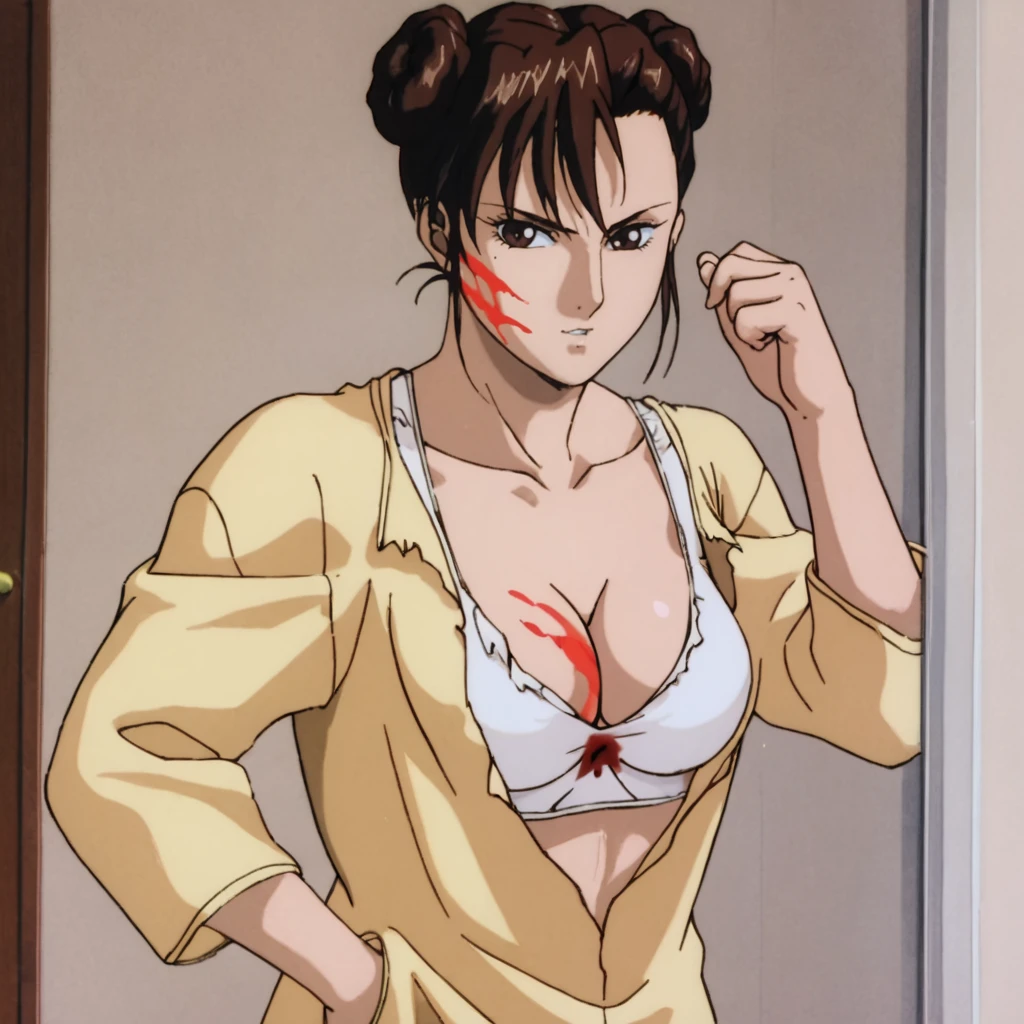 <lora:chunlistreetfighter2animatedmovie_pony_v1:.8> ChunLiMovieDamaged, 1girl, blood on face, breasts, cleavage, brown hair, retro artstyle, white bra, underwear, brown eyes, cowboy shot