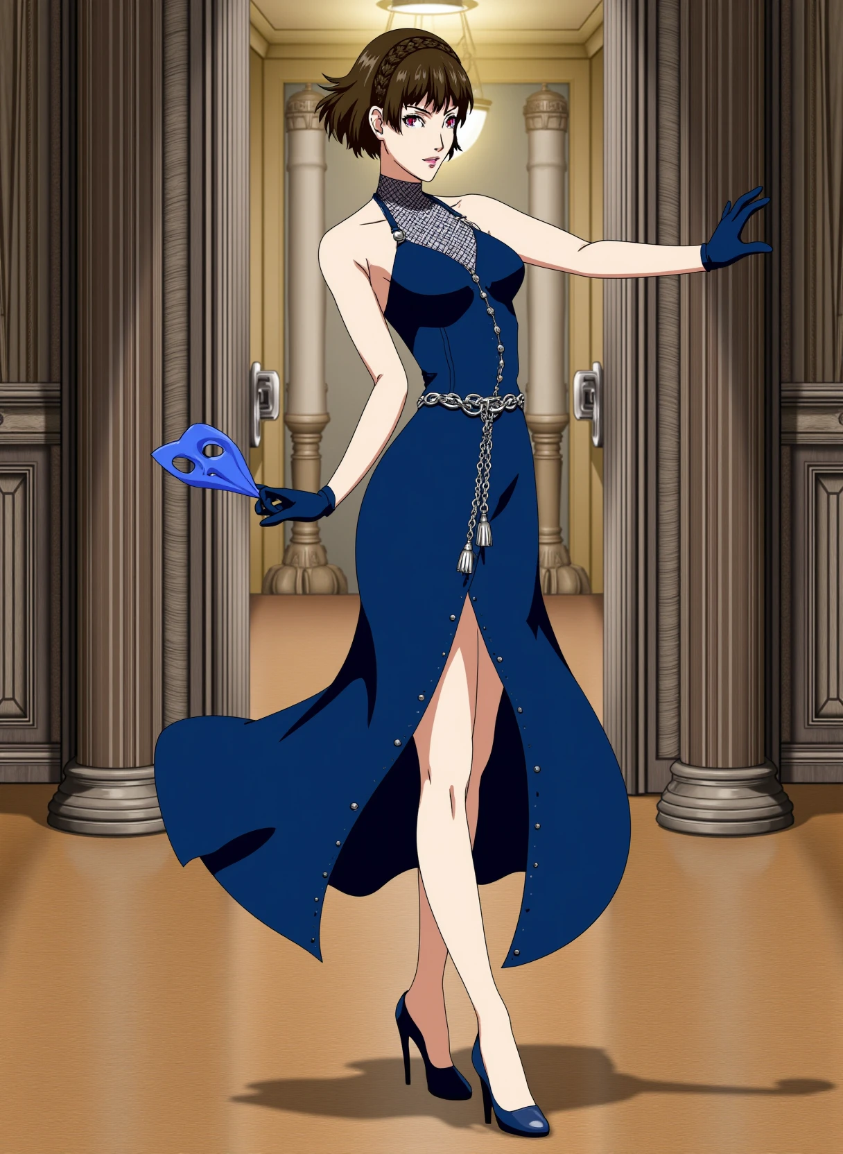 <lora:persona5_niijima_makoto_flux_v2_2-000011:1>
She is wearing an elegant, deep blue evening gown with a sleek, form-fitting design that accentuates the character's figure. The gown features a high neckline with a mesh-like fabric around the collarbone area, offering a sophisticated touch. The bodice hugs the torso, and the gown flows out into a floor-length skirt with a side slit that reveals one leg, adding both grace and a subtle allure. A delicate chain belt is draped around the waist, adding an extra element of style. The character also holds a blue mask, hinting at a formal or masquerade-style event, and wears simple, elegant heels that match the refined nature of the ensemble. The overall look is both classy and striking, exuding confidence and poise. She is standing in a dancing hall.
Anime style, sharp, high contrast and highly detailed.