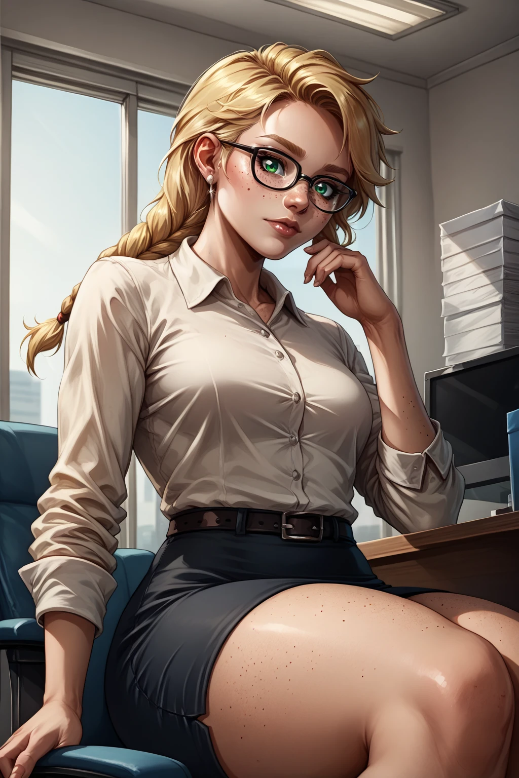 score_9, score_8_up,  <lora:NSEmilyPortia:1> NSEmilyPortia, green eyes, blonde hair, single braid, long hair, white earrings, stud earrings, freckles, office, glasses, thick thighs, sitting, from below