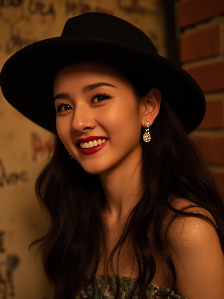 SZE, 
In a gritty, neo-noir setting, a woman with her long, dark tresses cascading down her shoulders and framing a striking face, adorned with glistening silver earrings that catch the dim, smoky light of an alleyway. Her lips are painted a bold, fiery red, and she flashes a confident smile, showing perfectly white teeth in stark contrast to the grime-streaked brick wall behind her. The camera is positioned at a low angle, looking up at her from beneath the brim of her wide-brimmed hat, creating an air of mystery and intrigue as her intense gaze locks onto the viewer, challenging them from within the shadowy confines of the urban night.