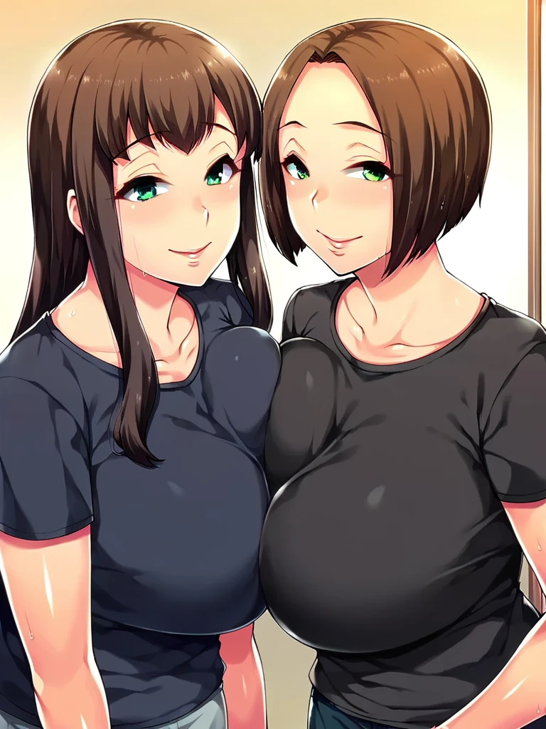 score_9, score_8_up, score_7_up, 
2girls, face, t-shirt, breast press, smile, looking at viewer, narrowed eyes, mother and daughter, 


(hatsufuji shizuku, long hair, black hair, large breasts, bangs), (hatsufuji akari, brown hair, parted bangs, mature female, green eyes, huge breasts, medium hair),